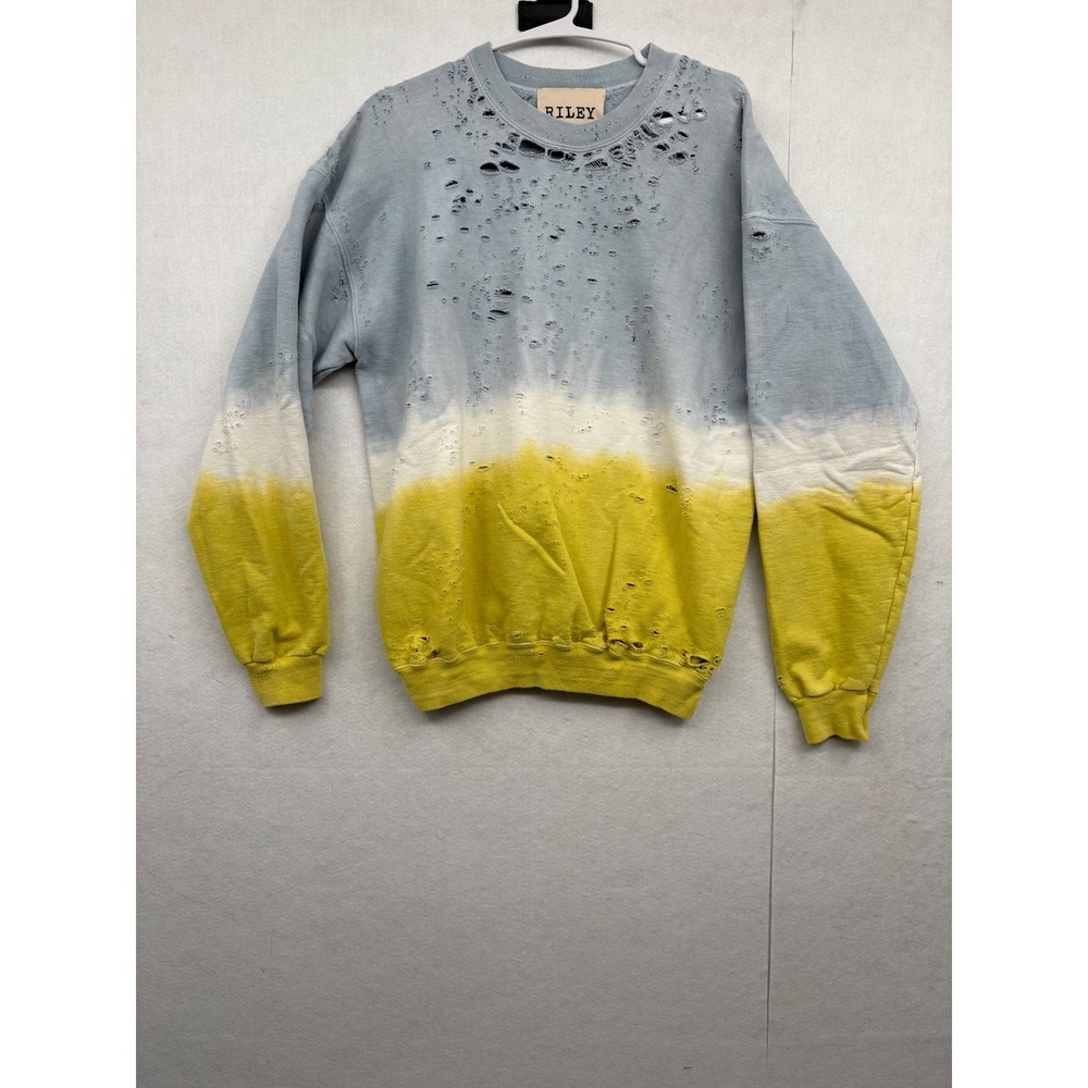 RILEY Distressed Tie Dye Sweatshirt Light Blue Yellow White Pullover Top M